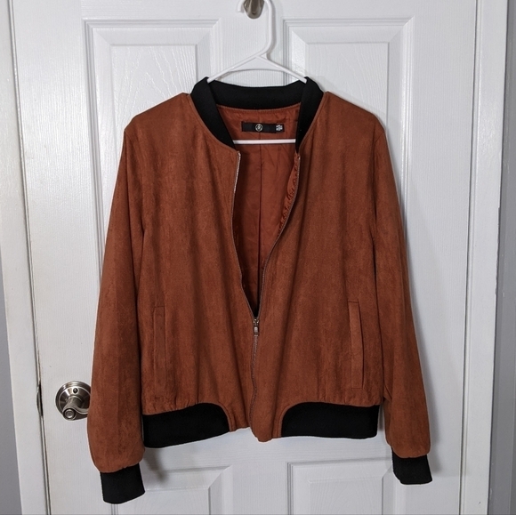 New Misguided Faux Suede‎ Burnt Orange Full Zip-Up Bomber Jacket Size 6 (Small) - Picture 1 of 7